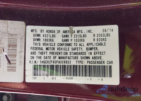 2015 Honda Accord Ex-L из США, поврежденный, VIN 1HGCR2F80FA009653